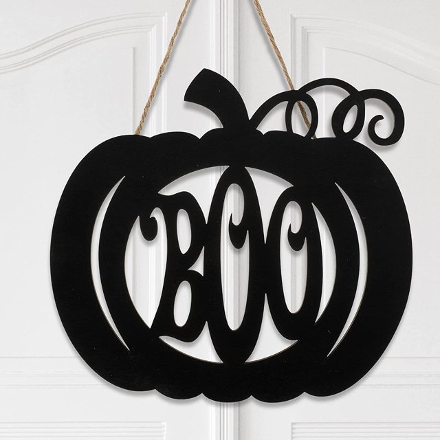 Letrero colgante de puerta de Halloween, letrero colgante de madera redondo, letrero colgante de pared de madera de Halloween para decoración de interiores y exteriores del hogar (estilo calabaza)