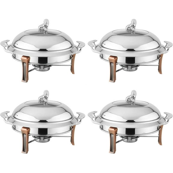 Pack Of 4 Round Chafing Dishes With Food Pan, Frame, Lid And Fuel Holder, Stainless Steel Chafer Dish Catering Party Buffet Warmer Serving Set [Energy Class A]