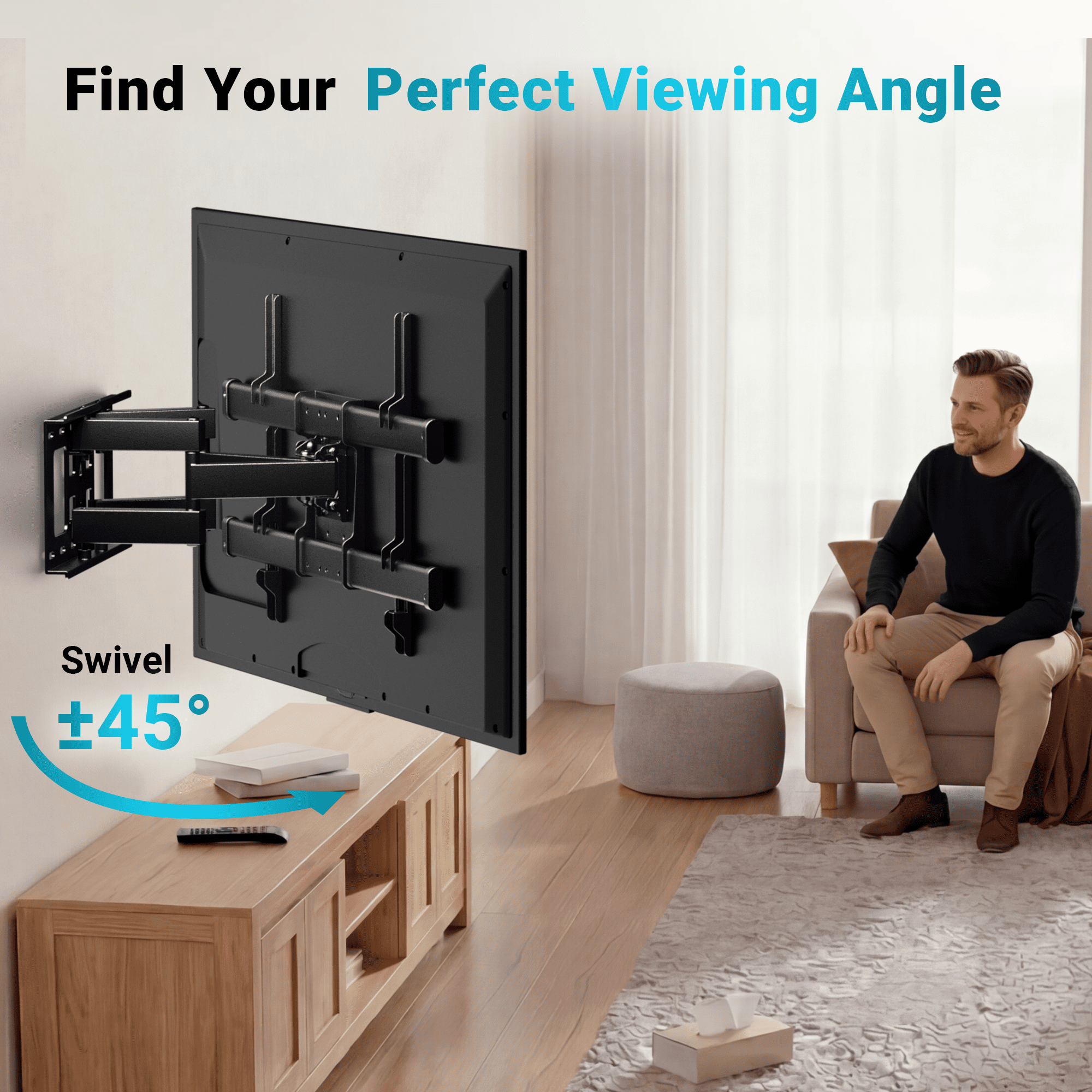 BONTEC Full Motion TV Wall Mount for 37-84 Inch TVs, Hold up to 132lbs, Max VESA 600x400mm, Swivel Tilt Dual Arms, Adjustable Viewing Angle, Fits 16" Wood Studs, Easy Assembly
