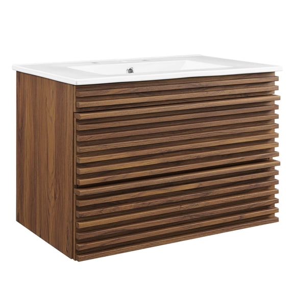 Ergode 30" Mid-Century Modern Wall-Mount Bathroom Vanity with Ceramic Basin Top - Walnut Grain Laminate, 2 Drawers, Space-Saving Design
