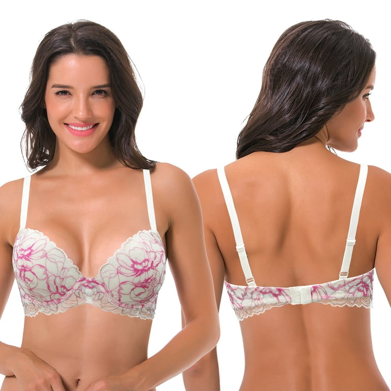 Curve Muse Women's Underwire Plus Size Push Up Add 1 and a Half Cup Lace  Bras-2PK-Lime Cream/Hot Pink,Mauve/Rose Gold-44B 