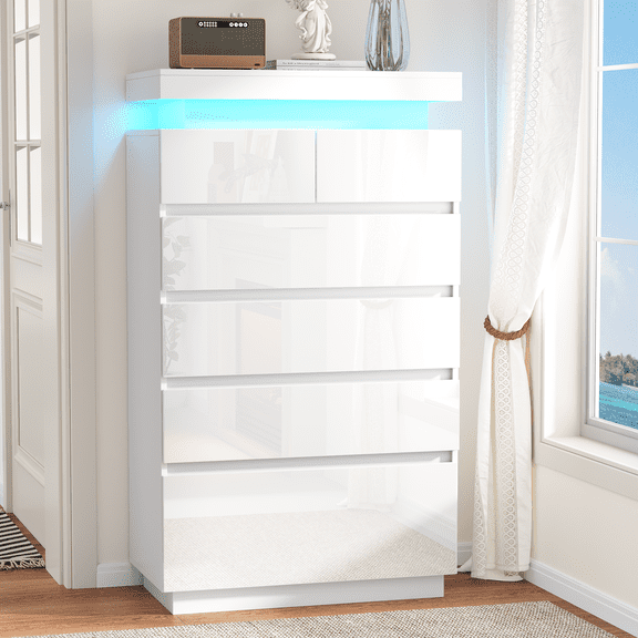 NEGYLIM 6 Drawer White Dresser, High Gloss Dresser with LED Light for Bedroom, Living Room, Hallway, Easy Assembly