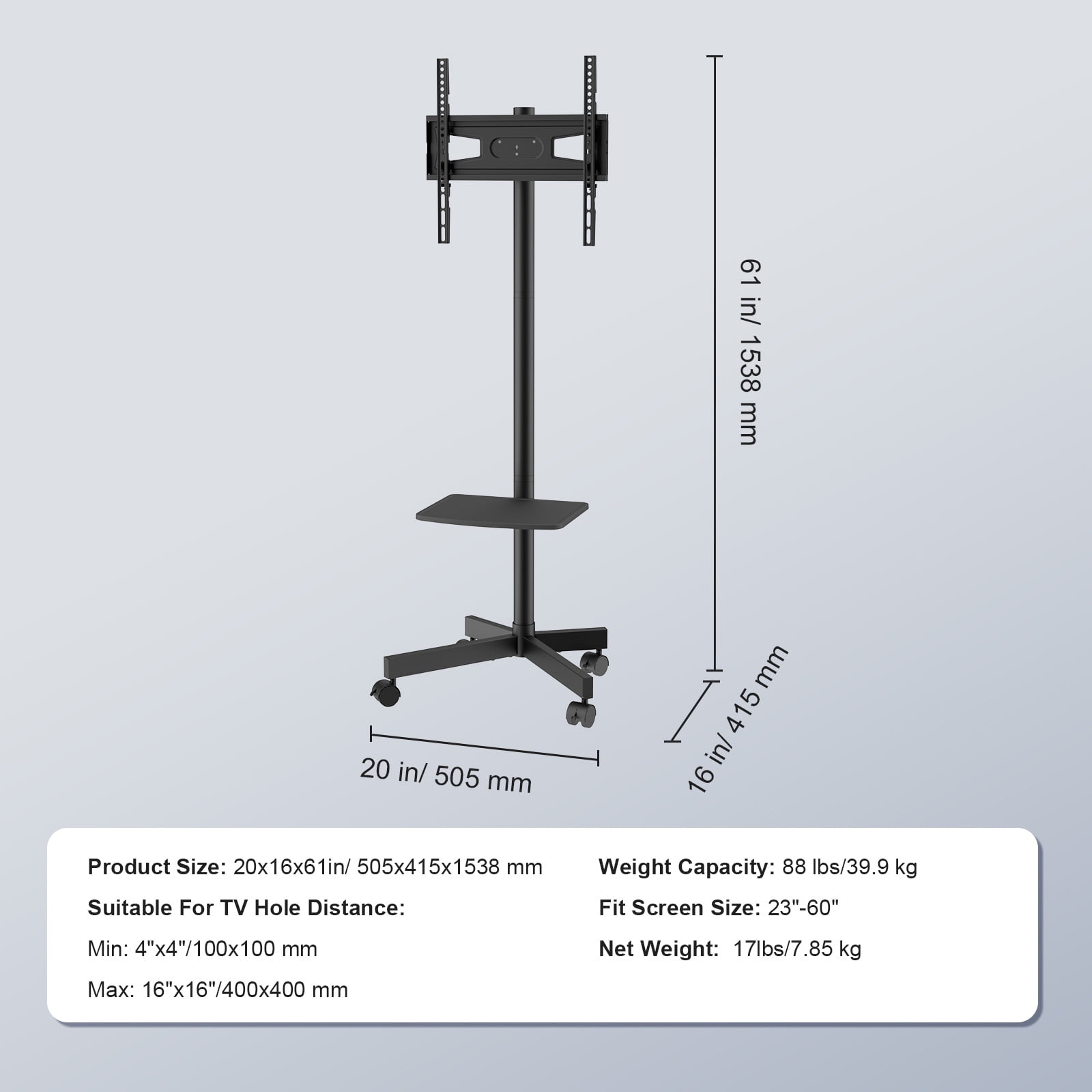 KFFKFF Mobile TV Stand Mobile TV Cart for 23"-60" TVs with Wheels & A Tray