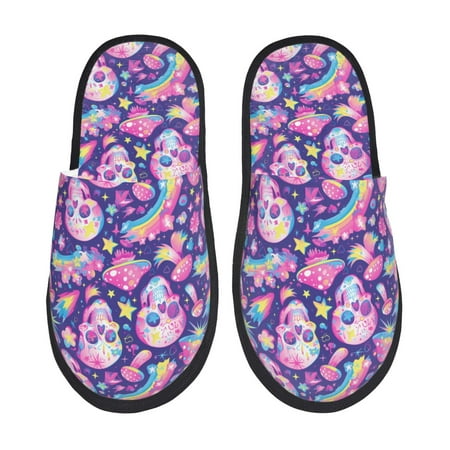 Balery Skull rainbow mushroom colorful Slient Indoor Furry Fleece Comfort House Shoes Soft Non-Slip Home Shoes Cotton slippers House Slippers-- Large
