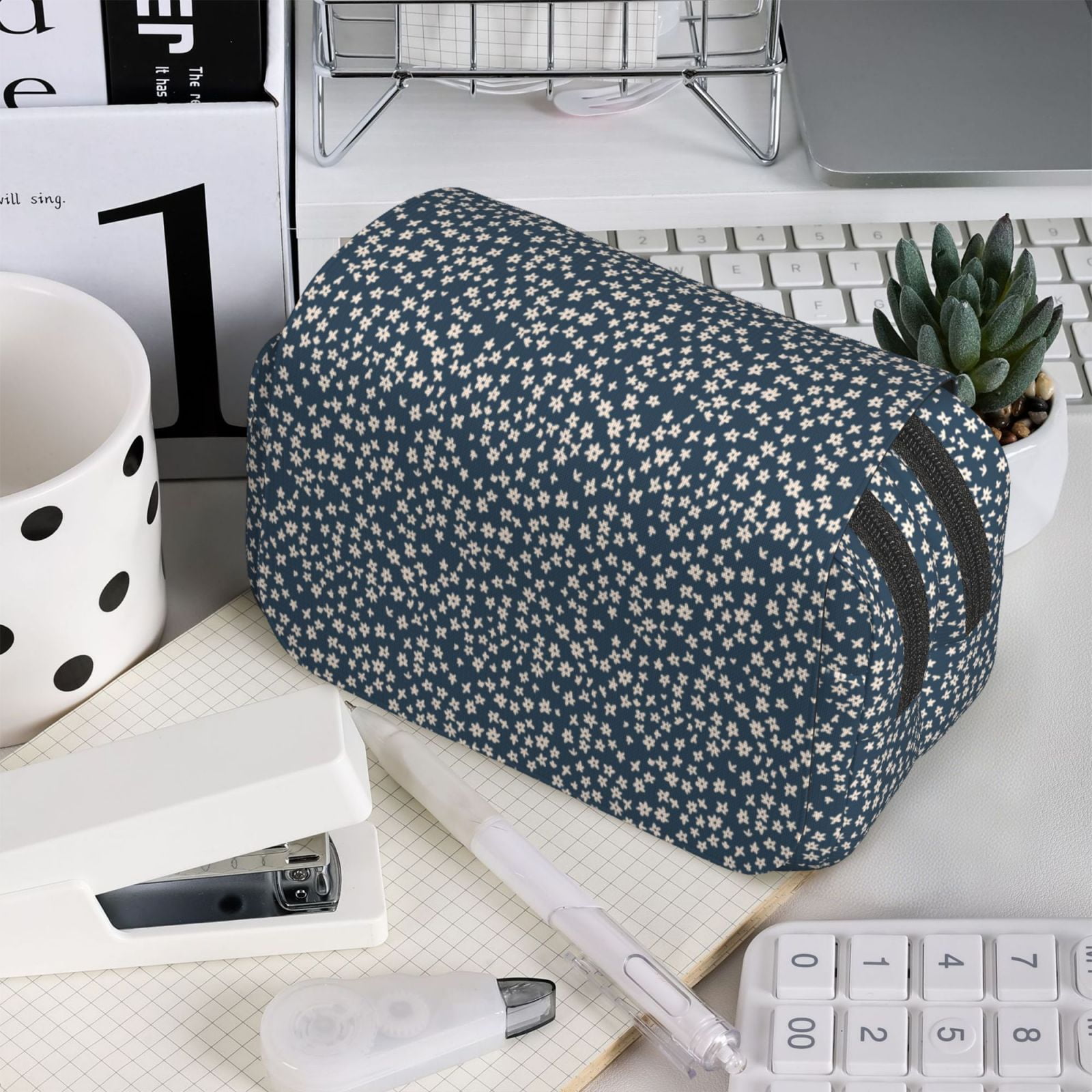 Rateoe Small White Flowers Pattern Double Clamshell Pen Case, Storage Organizer with Two Zipper Compartments– Holds Up to 50 Pencils & Pens