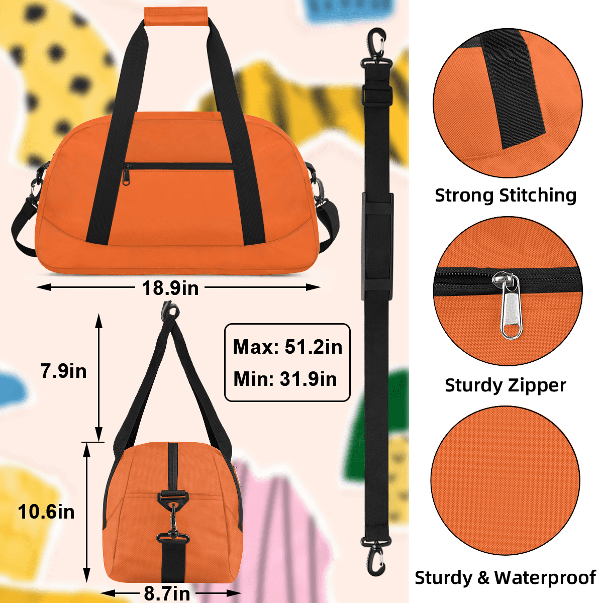 Herdesigns Orange Sports Duffle Bag for Women & Men, Gym Bag Dance Bag Overnight Bag Carry On Weekender Travel Bag