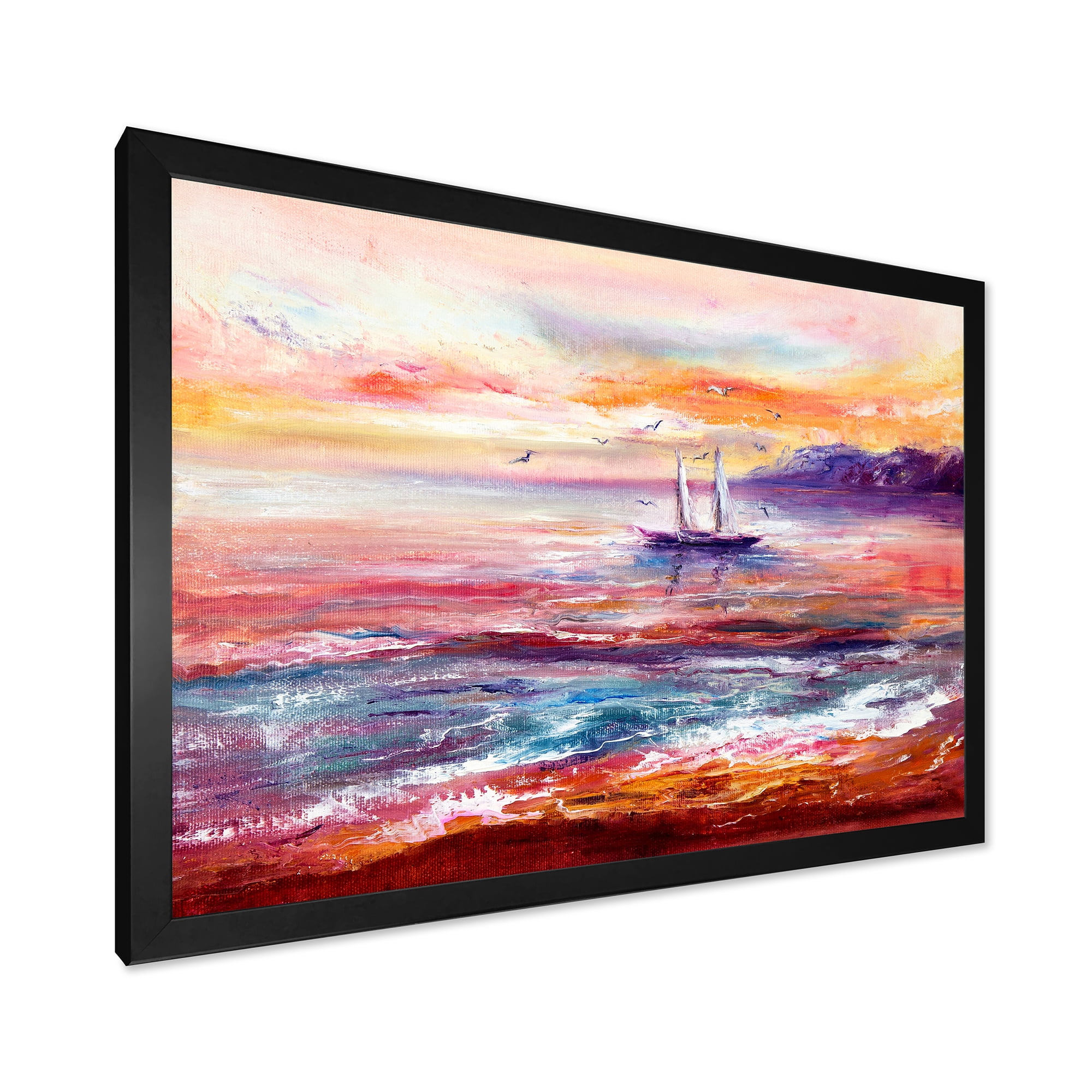 Boat On The Ocean During Vibrant Sunset Glow 40 in x 30 in Framed Painting Canvas Art Print, by Designart