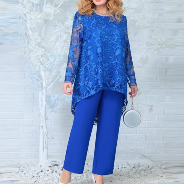 jovatis Ensembles à Manches Longues pour Femmes Robe de Soirée Grande Taille pour Femmes Dentelle Broderie Coupe Tempérament Pantalon Ensemble Deux Pièces