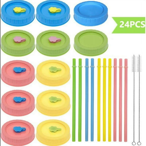 24pcs Mason Jar Lids With Straws Wide Mouth Mason Jar Lids With Straw Hole, Colored Mason Jar Drinking Lids, Reusable Mason Jar Straw Lids For Canning