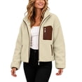 thumbnail image 2 of hoksml Women's Cropped Sherpa Fleece Jacket Full Zip Stand Collar with Contrast Pockets Teddy Coat for Daily Comfort, 2 of 9
