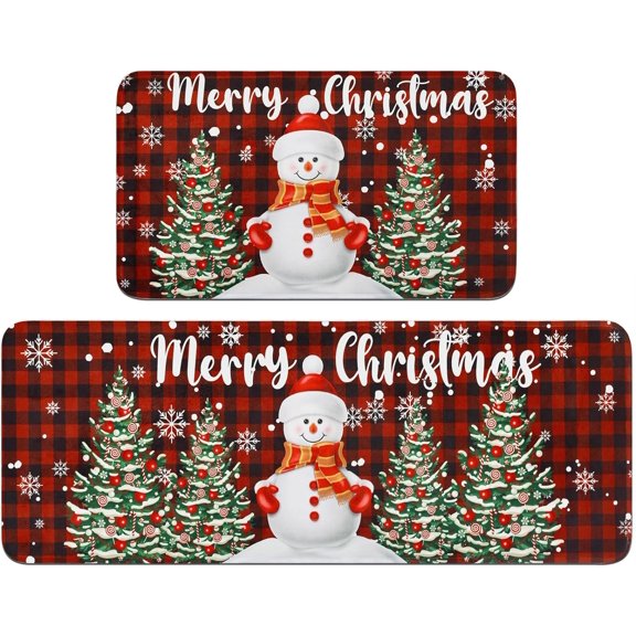 Christmas Kitchen Rugs Set of 2, Christmas Buffalo Plaid Kitchen Mat Washable, Non-Slip Absorbent Snowman Kitchen Floor Mats for Christmas for Kitchen Decor, Xmas Runner Rugs