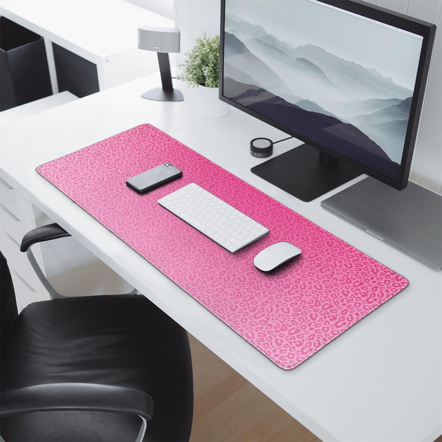 Long Mouse Pads for Desk,Pink Gradient Leopard Print Desk Mats on Top Of Desks, Desk Mouse Pad Extra Large with 3mm Non-Slip Base and Stitched Edge for Gaming,Office,Work,Home 31.5"x11.8"