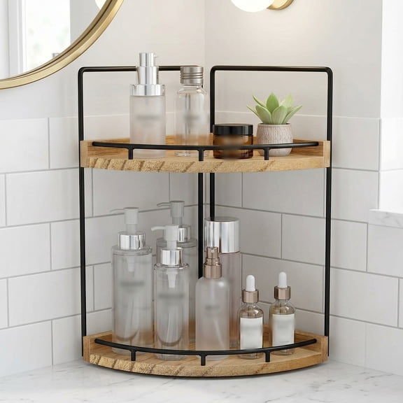 2-Tier Bathroom Counter Organizer,Vanity Counter Corner Shelf, Skincare, Wood Countertop Bathroom Storage and Organization for Kitchen (Brown)