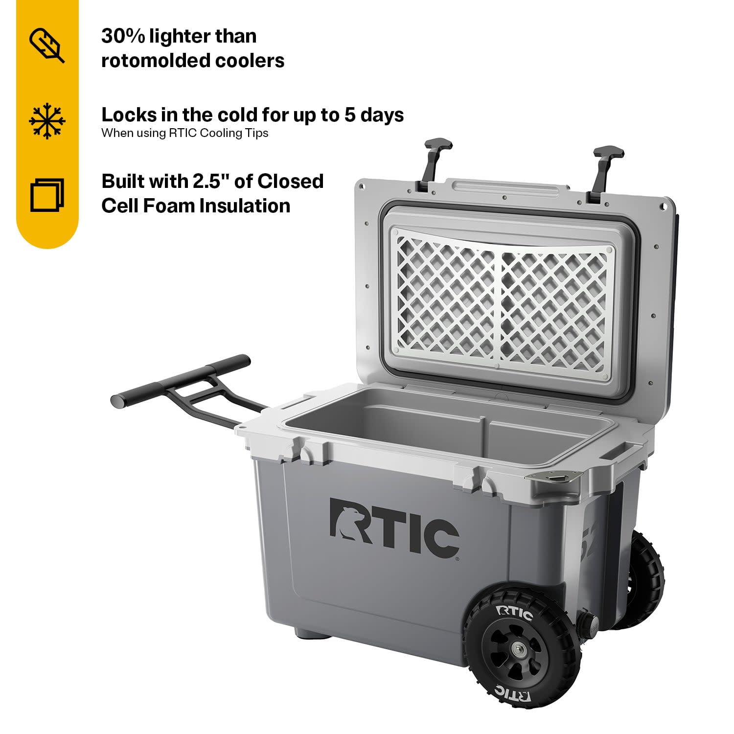 RTIC 52 QT Wheeled Hard-Sided Ice Chest Cooler, Ultra-Light, Fits 76 Cans, Grey