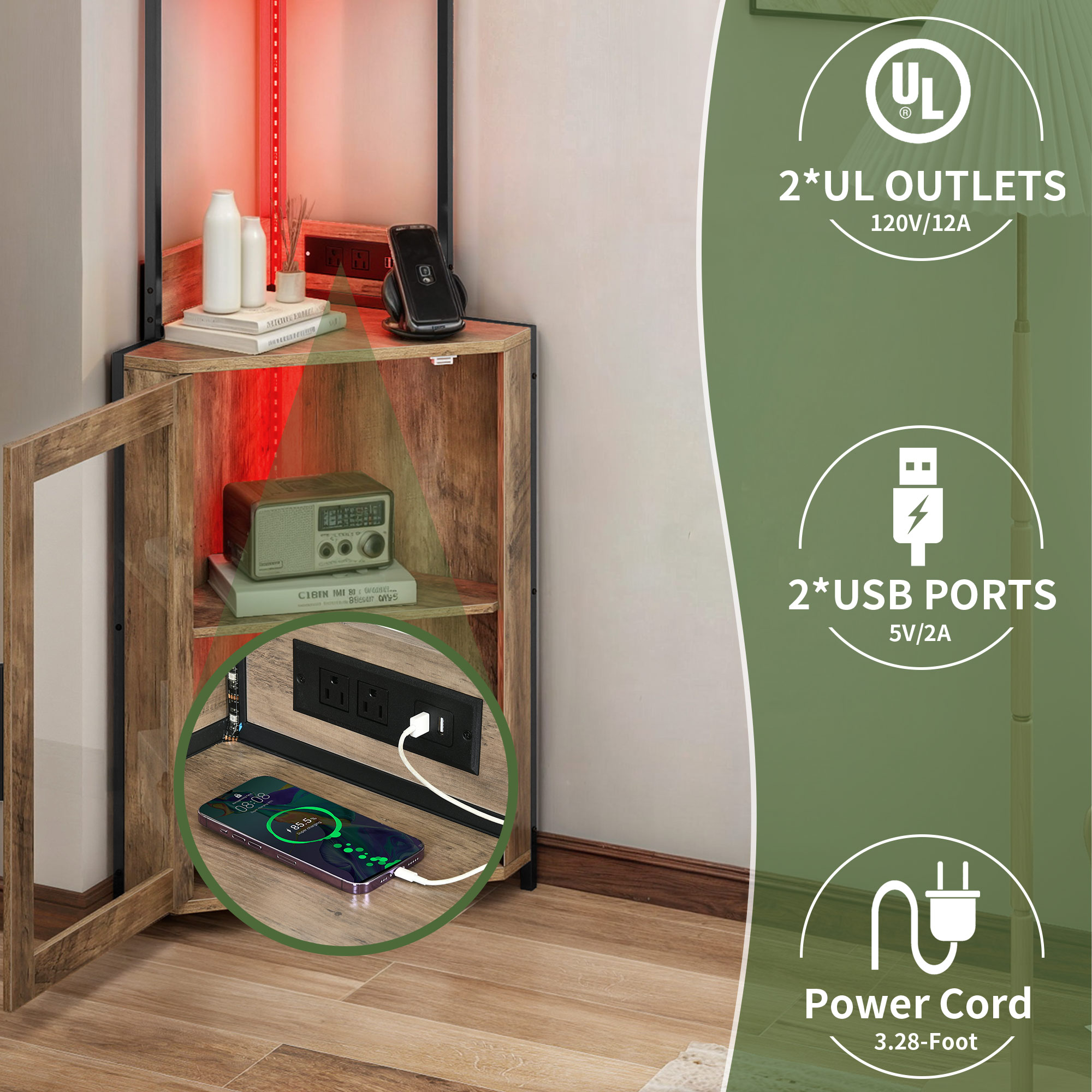 Uforic Corner Shelf with Door& LED Light, 5 Tier Corner Bar Cabinet with Power Outlets& Glass Holder