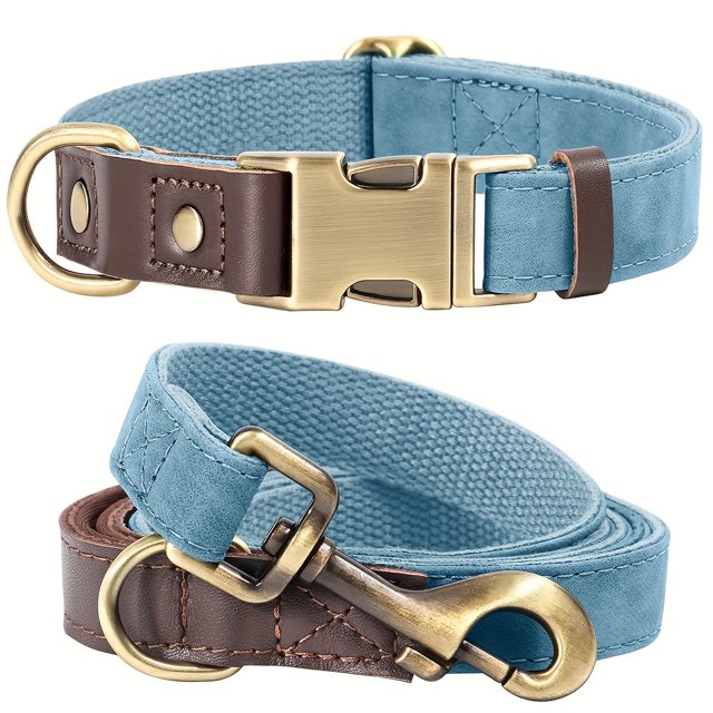 CNKOO PU Synthetic Leather Pet Collar and Leash Set Retro Color Matching Durable Nylon Webbing Lined Dog Collar Suitable for Large Medium and Small Dogs