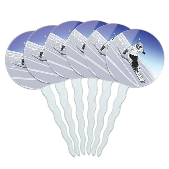 Skiing Down Mountain Skier Snow Skis Cupcake Picks Toppers - Set of 6