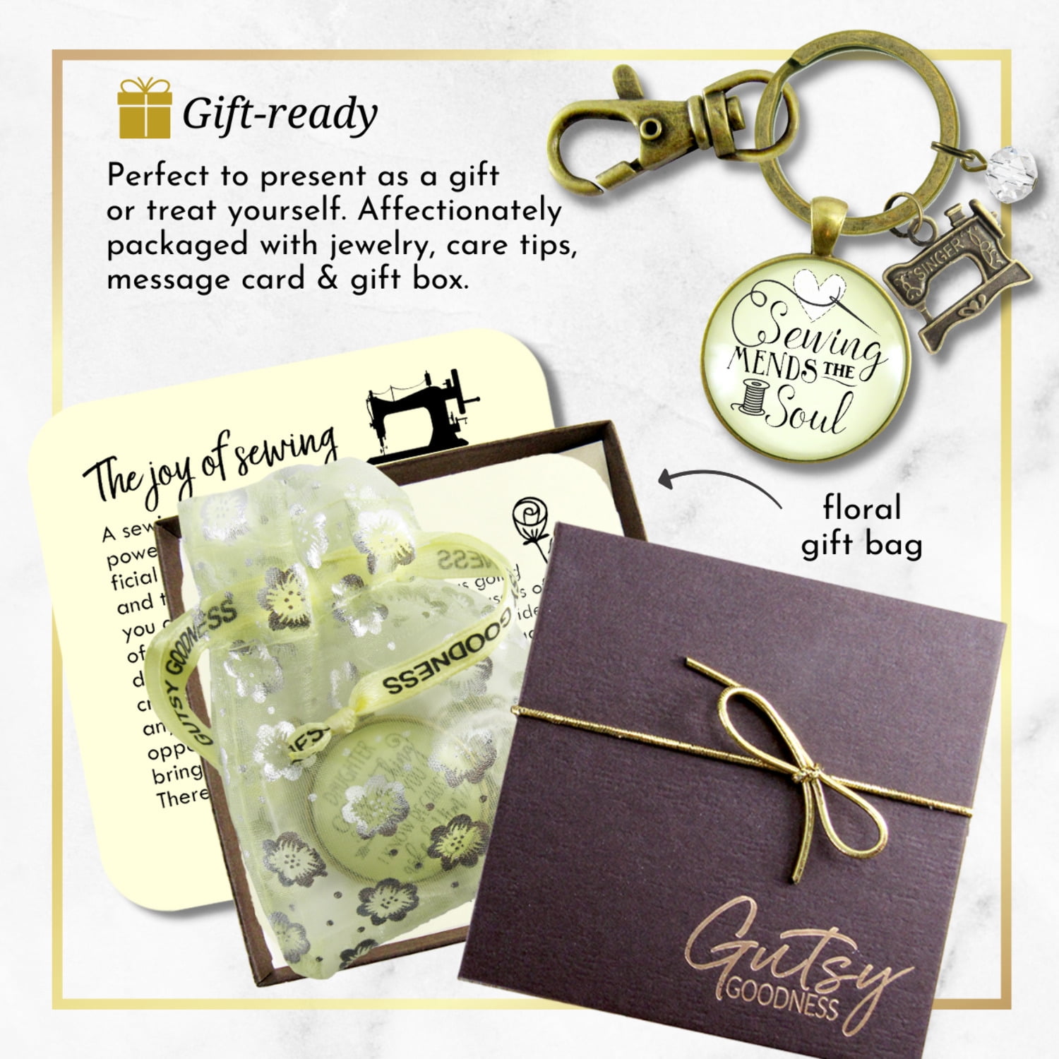 Sewing Keychain Gutsy Goodness Mends the Soul Seamstress Key Ring Bronze Metal Adult Female Jewelry Machine Charm