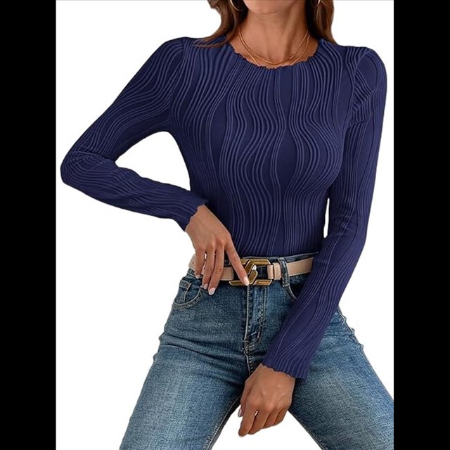 Blusa de Larga con Cuello Redondo para Mujer, Moda de Otoño 2025, Camiseta Básica de Punto Texturizado de Corte Entallado, Ropa Y2K Azul Marino XXL