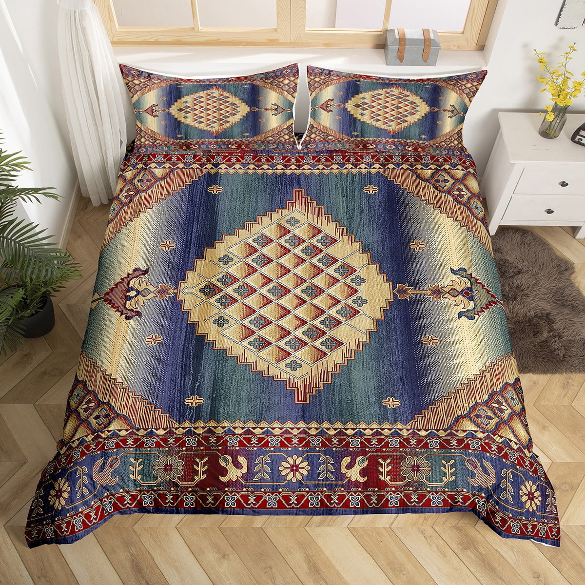 Persian Duvet Cover Twin, Boho Exotic Bedding Set, Retro Blue Yellow