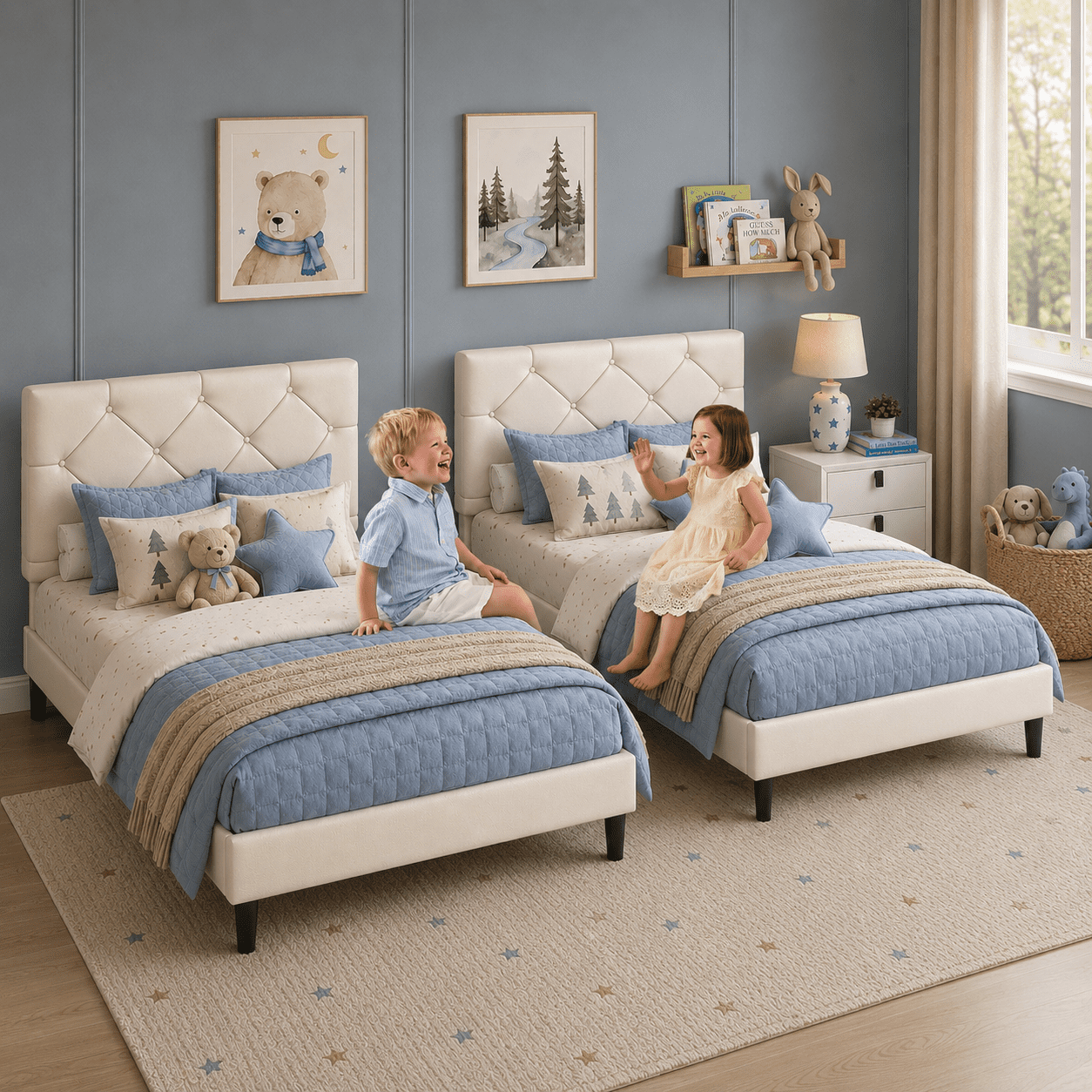 Twin Bed Frame with Upholstered Faux Leather Headboard, UHOMEPRO Platform Bed Frame with Wood Slat Support, No Box Spring Needed, Beige