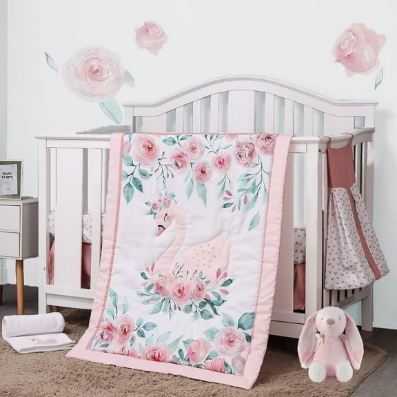 Sweet Baba Pink Swan Crib Bedding Set For Baby Girls, 5 PC Crib Set Includes Comforter/Skirt/Crib Sheet/Diaper Stacker/Blanket
