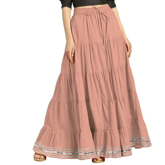 eloria Maxi Tier Skirt Elastic Waist Cotton Bohemian Skirts Boho Long Flaired, Color : Peach Pink, Size : 10