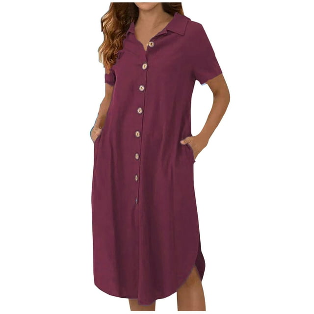 Robes Décontractées pour Femmes, Couleur Unie, Boutonnée, Col en V, Col à Revers, Robe Midi, Manches Longues/courtes, Robe Chemise avec Poches