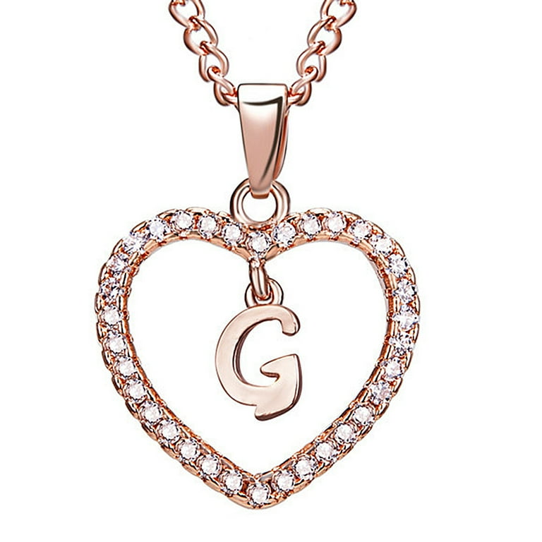 SANAG 26 Letters G Heart Shape Pendant Necklace Rhinestone Rose