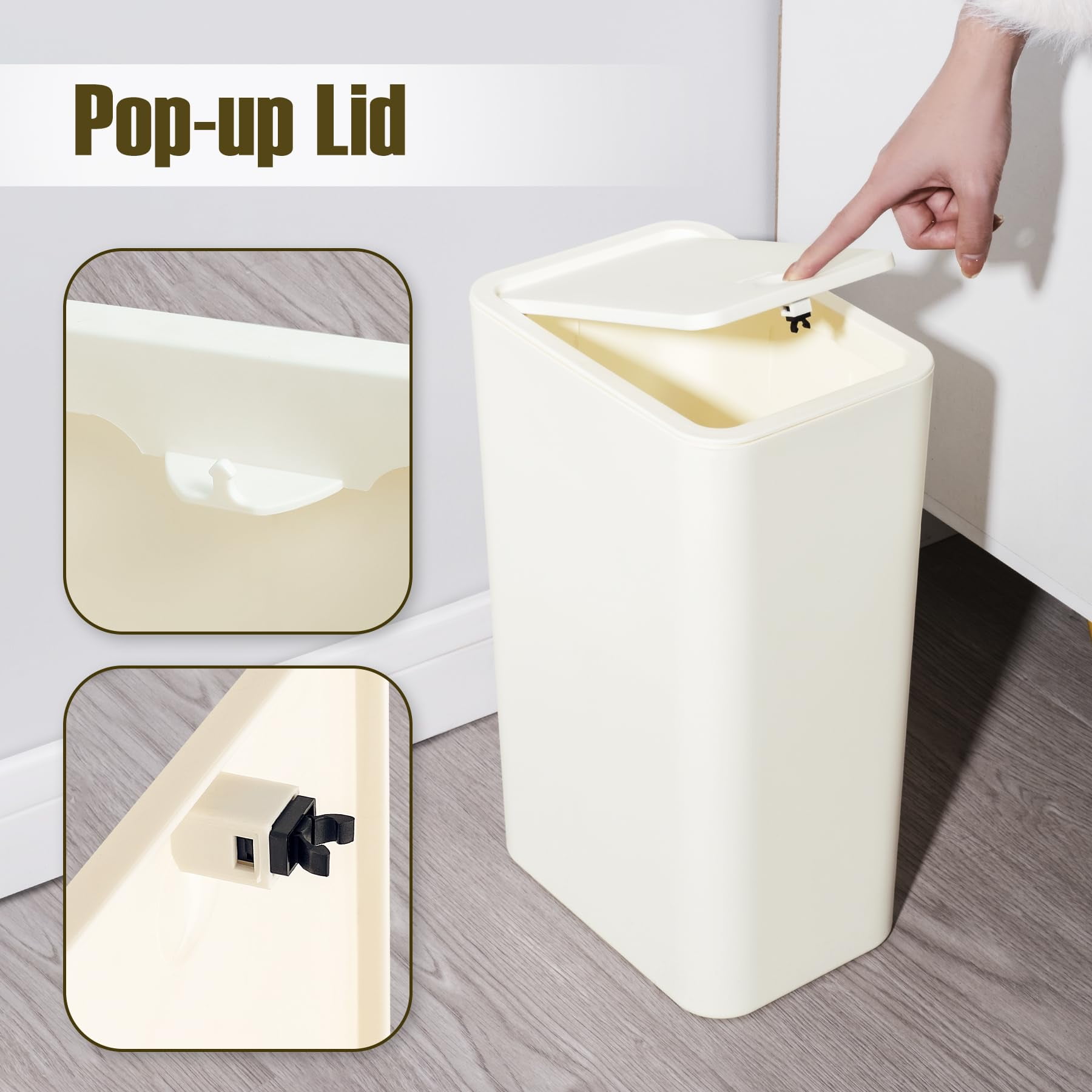 TrashAid Bathroom Trash Can with Lid, 2.6 Gallon / 10 Liter Small Garbage Can with Press Top Lid, Plastic Wastebasket with Pop-up Lid for Toilet, Office, Bedroom, Living Room, White