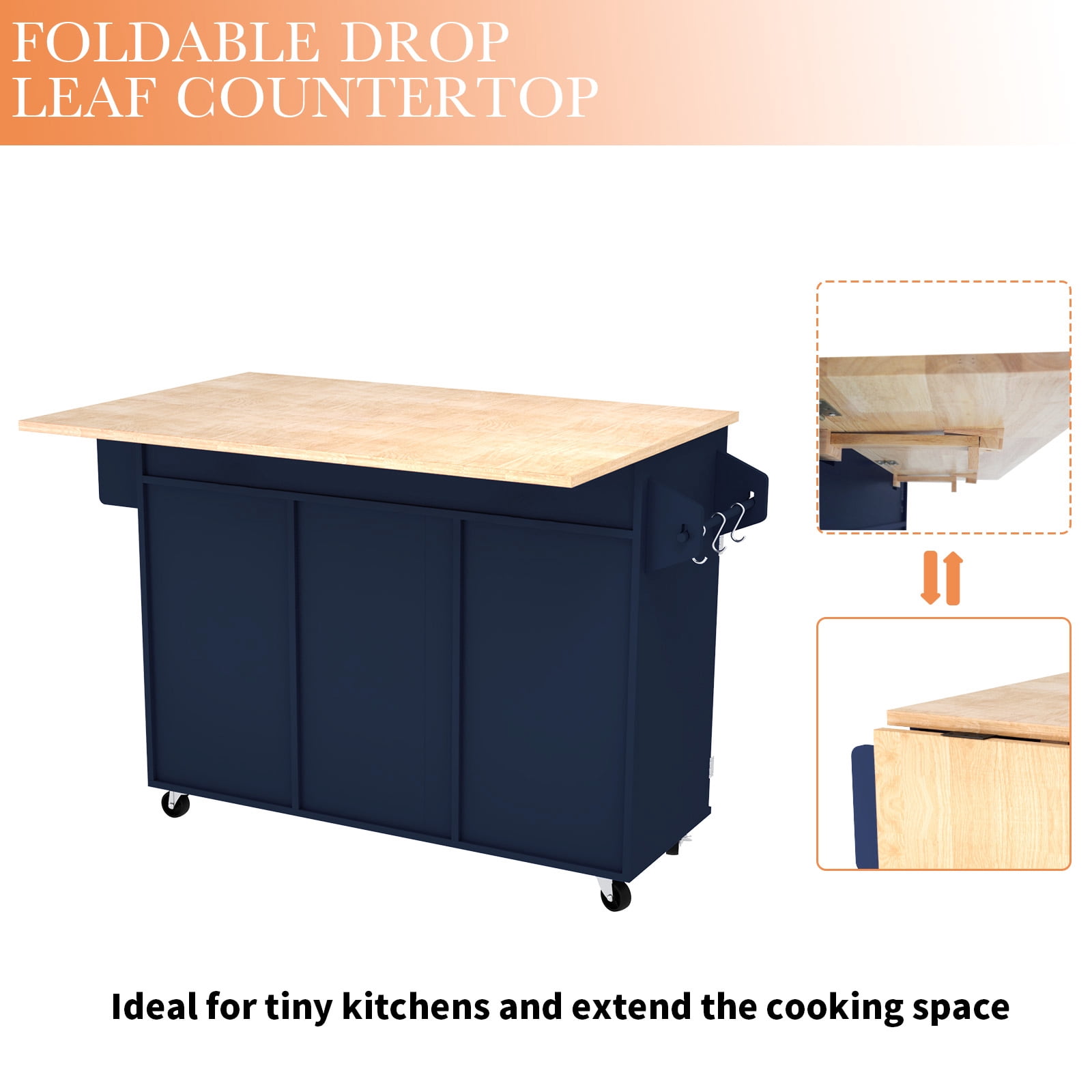 HLR 51.7" W Rolling Kitchen Island On Wheels, Cart With Drop Leaf Countertop with Storage, Blue