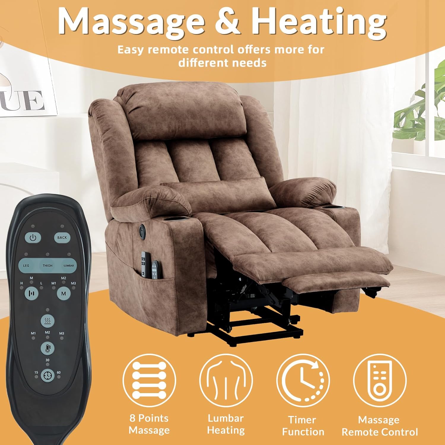 Dual Motor Power Lift Recliner for Big Elderly, Extended Footrest, Large Infinite Position Lay Flat Chair for Living Room with Massage & Heat, Lumbar Pillow, USB & Type-C Ports, Plush-Brown