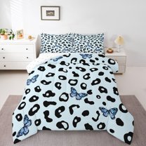 Homewish Leopard Cheetah Print Jungle Animal Blue Butterfly Twin Comforter Set, Reversible Ultra Soft Girls Bedding, 2pcs