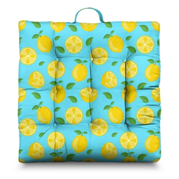 Summer Lemon Floor Pillow - 22x22 Inch Square Meditation Cushion, Dutch Velvet, Fresh Citrus Floral Design for Balcony & Lounge