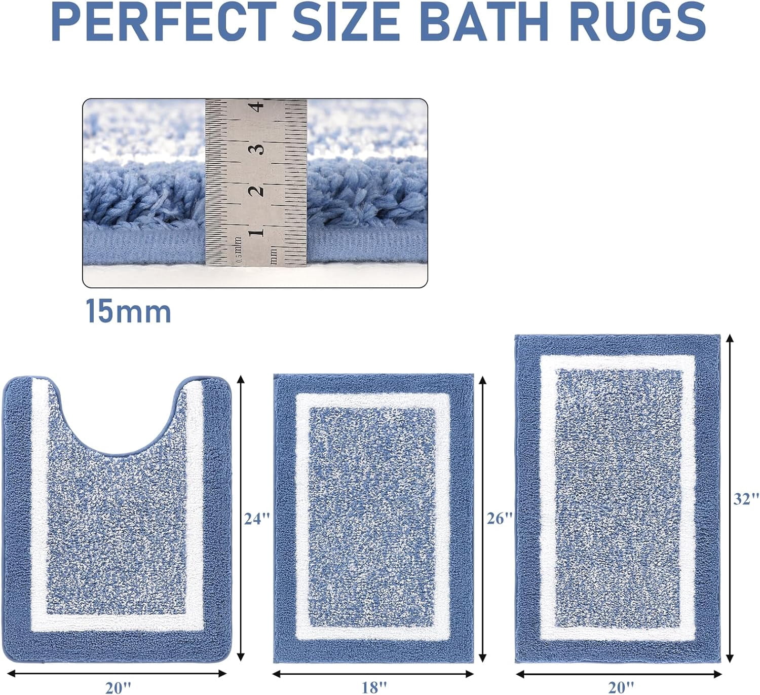 Findosom 3pcs Blue Bathroom Rug Set with Contour Toilet Mat Non-Slip Plush Shaggy Bath Mats Super Absorbent Microfiber Bath Rugs Washable Shower Rugs for Bathroom,Tub,Toilet 18"x26"+20"x32"+U20"x24"