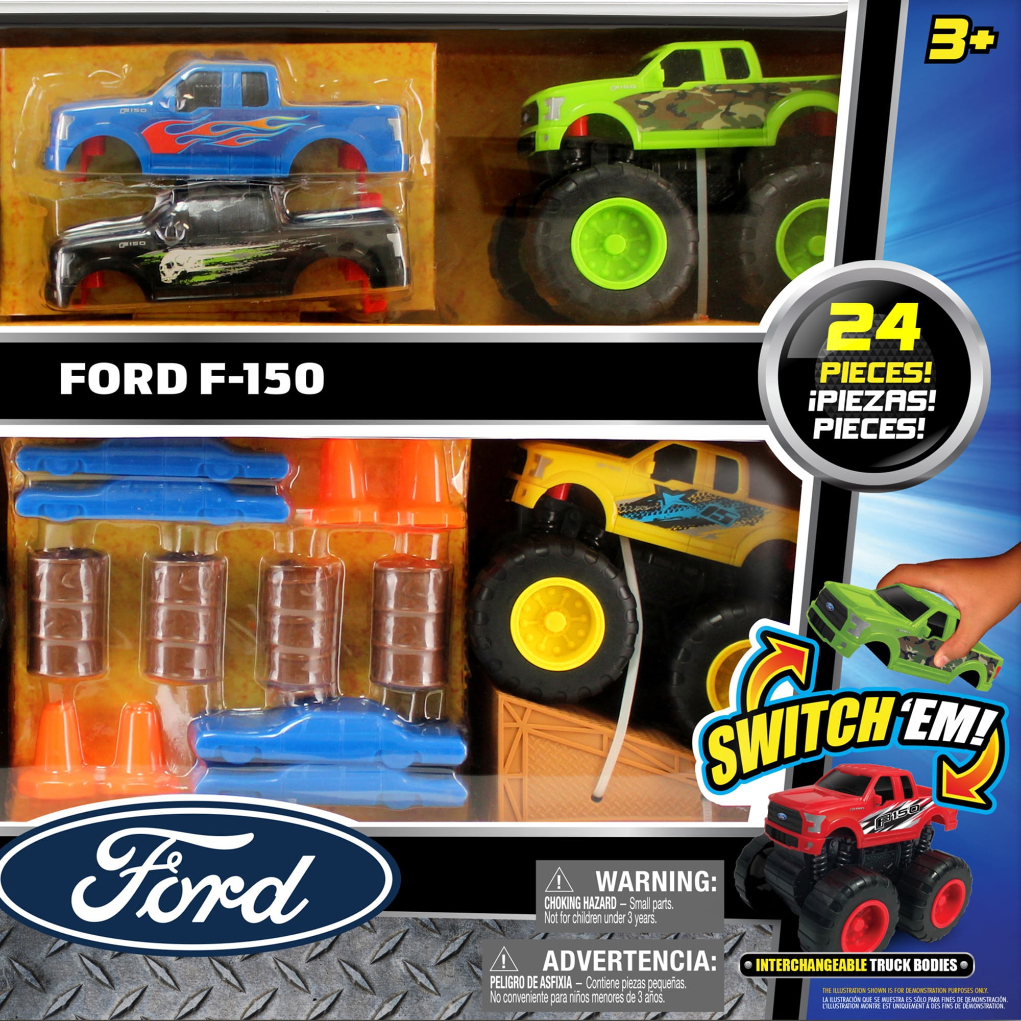 Monster Maniacs Ford Switch 'Ems 24 Piece Vehicle Gift Set, Friction Powered Vehicle Set with 4 Truck Chasis, 6 Truck Bodies Plus Accessories, Children Ages 3 Years and Up
