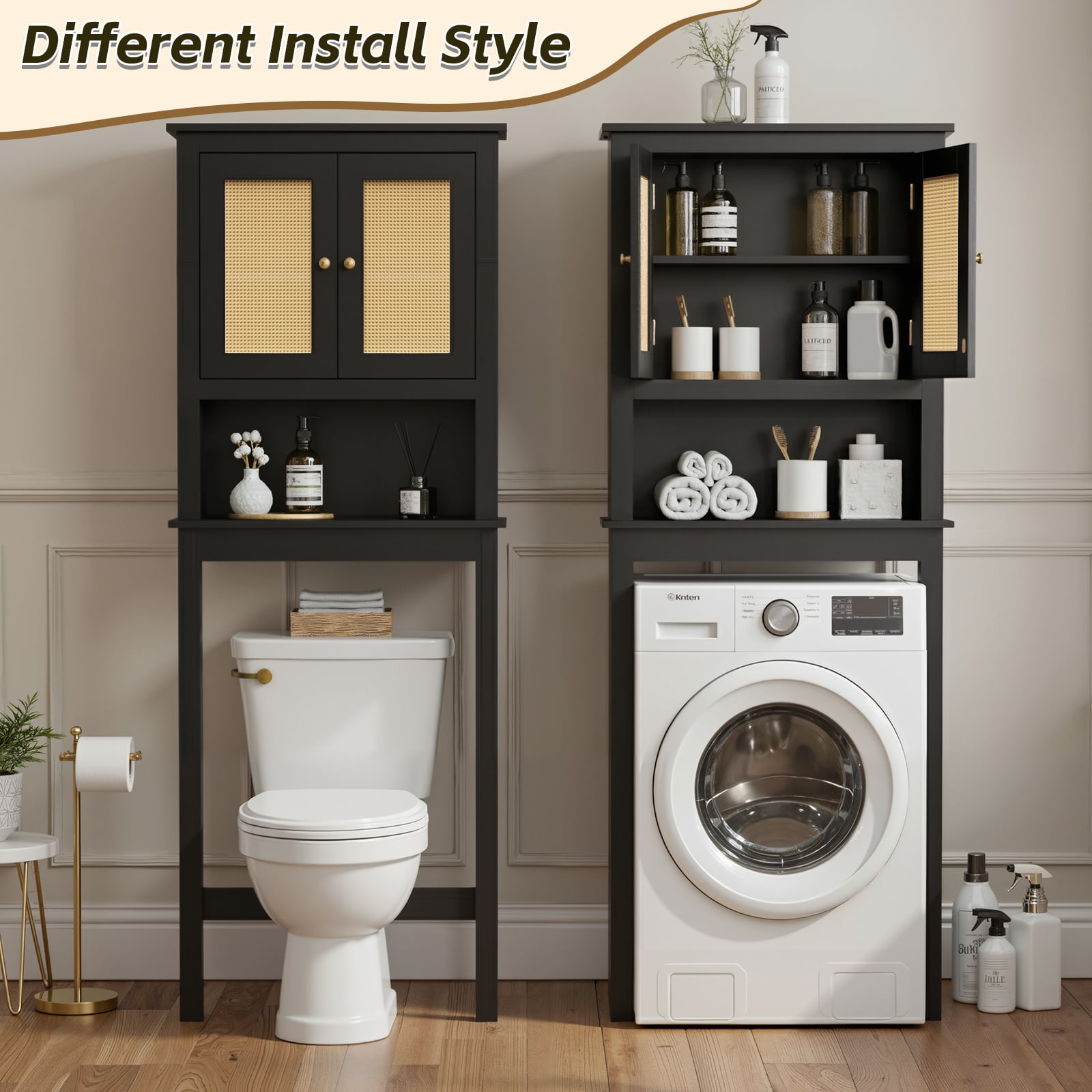 Over The Toilet Storage Cabinet, Behind Toilet Bathroom Organizer with Adjustable Shelves, Above Toilet Organizers with Rattan Door, Space Saver for Restroom, Bathroom, Laundry,Black
