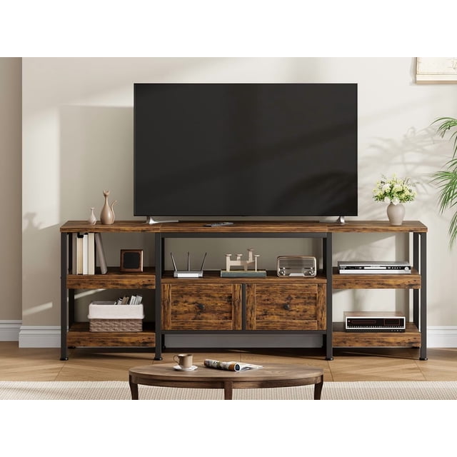 Mueble para TV industrial de 180 cm – Centro de entretenimiento retro con 2 cajones, estantes abiertos y estructura metálica – Para televisores hasta 80 pulgadas – Color retro – Ideal para salón