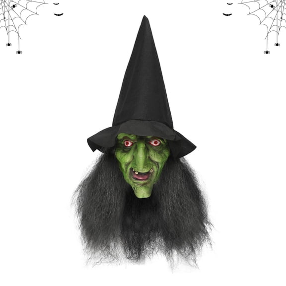 IROOZIGOTO Adult Witch Full Head Mask with Black Hat Glowing Red Eyes Green Skin Short Hair Halloween Horror Cosplay Costume Party Prop