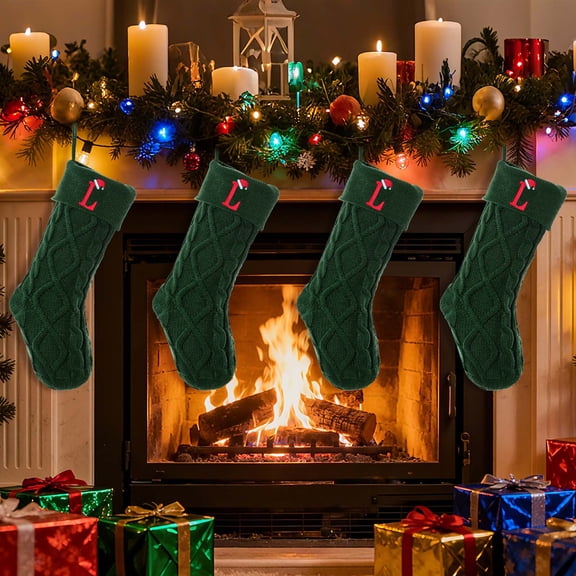 Honeeladyy 18" Christmas Stockings with Initials, Large Knit Embroidered Letter Army Green Christmas Stocking, Monogram Christmas Stocking for Famliy Holiday and Xmas Tree Fireplace (L)