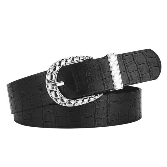 SWSMCLT Women's Metal Belt Faux Leather Groove Belt Vintage Travel Casual Metal Buckle Fall Adjustable Belts Black X-Small-Large
