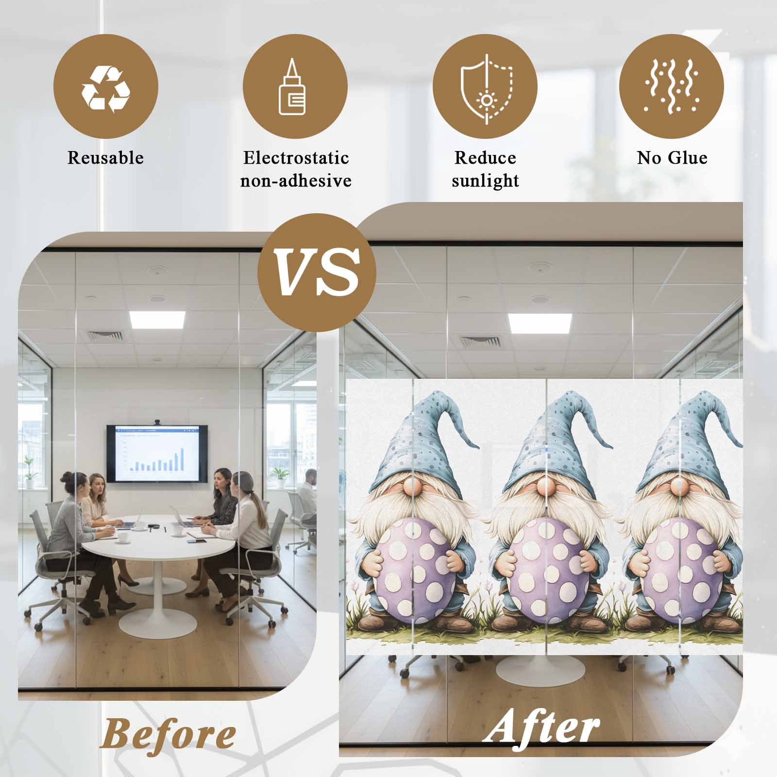 Easter Window Privacy Film, Gnome Egg Frosted Glass Window Clings Static Cling UV Heat Blocking Reusable Door Sticker for Bathroom 23.6 x 59 Inch