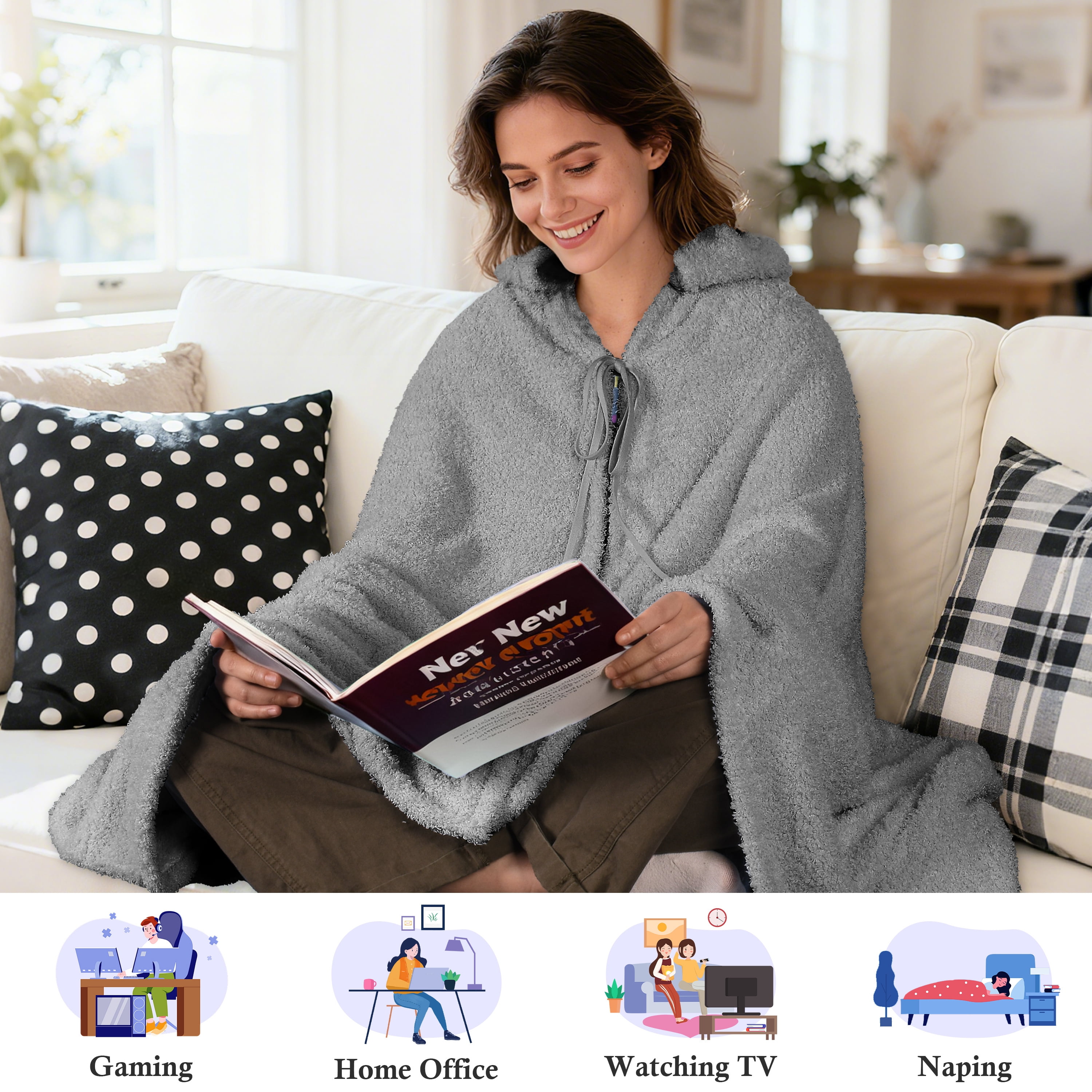 Catalonia Hooded Wearable Blanket Poncho for Adults, Lightweight Fleece Cape with Hand Pockets, Cozy Plush Throw Wrap for Women, Perfect for Lounging, Gifts Ideas