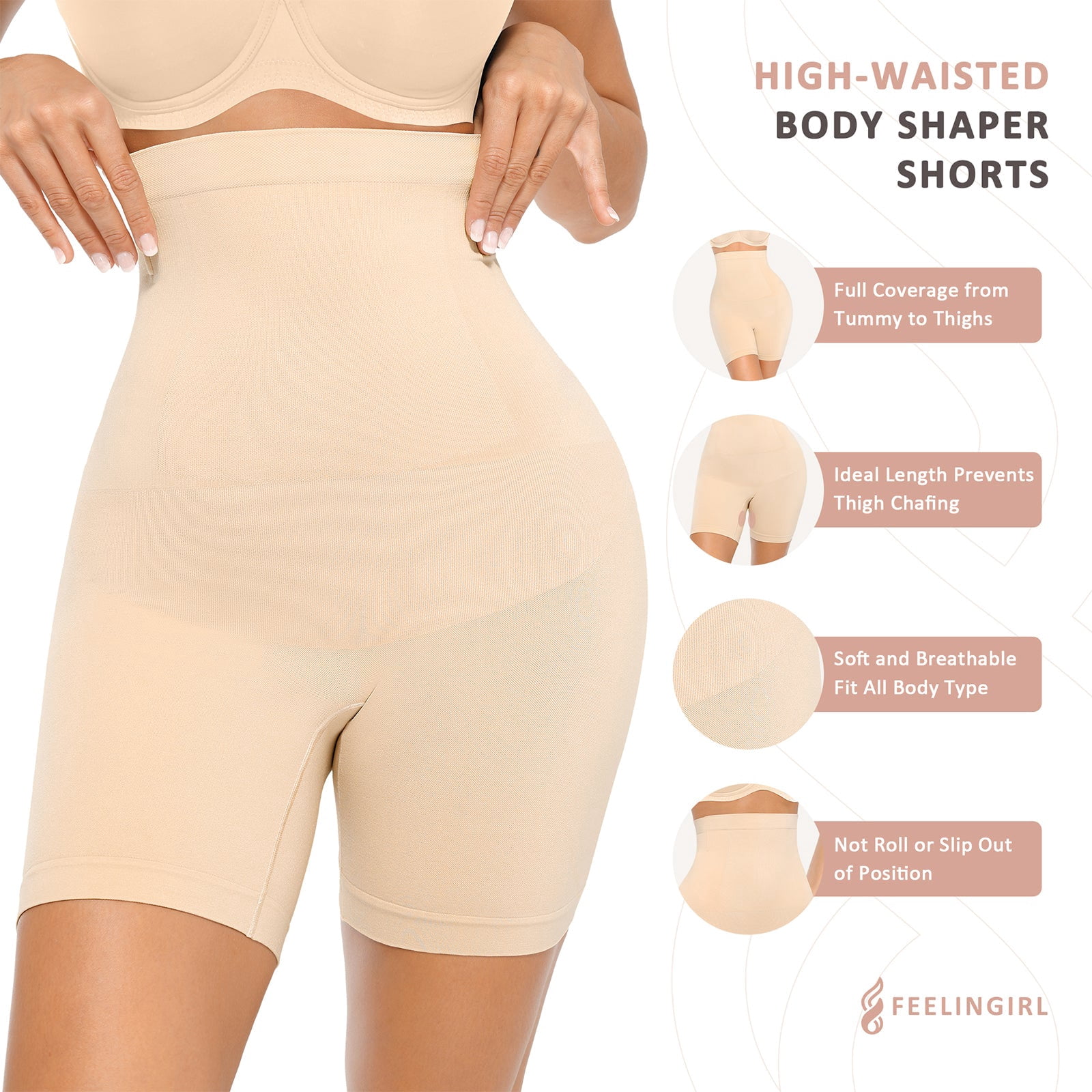 FeelinGirl Women's Seamless Comfort Mid-Waist Tummy Control Shaping Shorts, Sizes XS-4XL