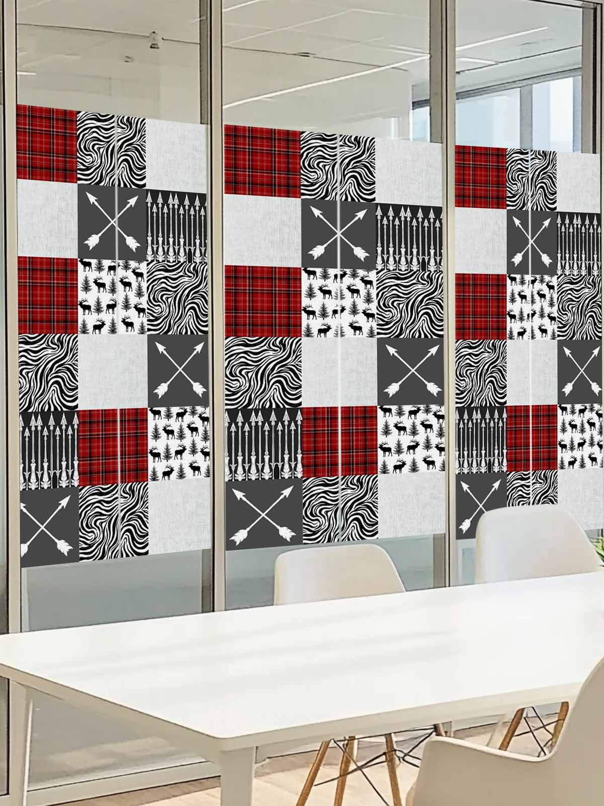 Arrows Zebra Stripes Window Privacy Film, Forest Deer Red Black Buffalo Plaid Frosted Glass Window Clings Static Cling UV Heat Blocking Reusable Door Sticker for Bathroom 29.5 x 118 Inch