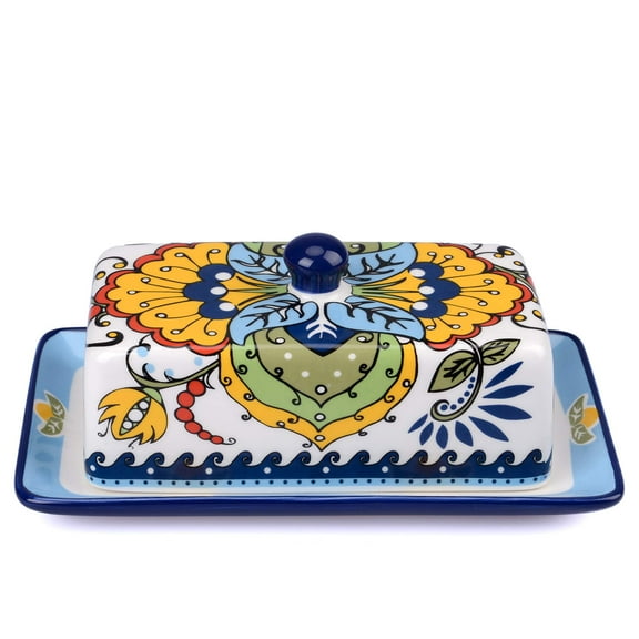 MKLZ Ceramic Butter Dish with Lid Handle, Hand Drawn Colorful Butter Holder Butter keeper, Butter Container for Kitchen Countertop