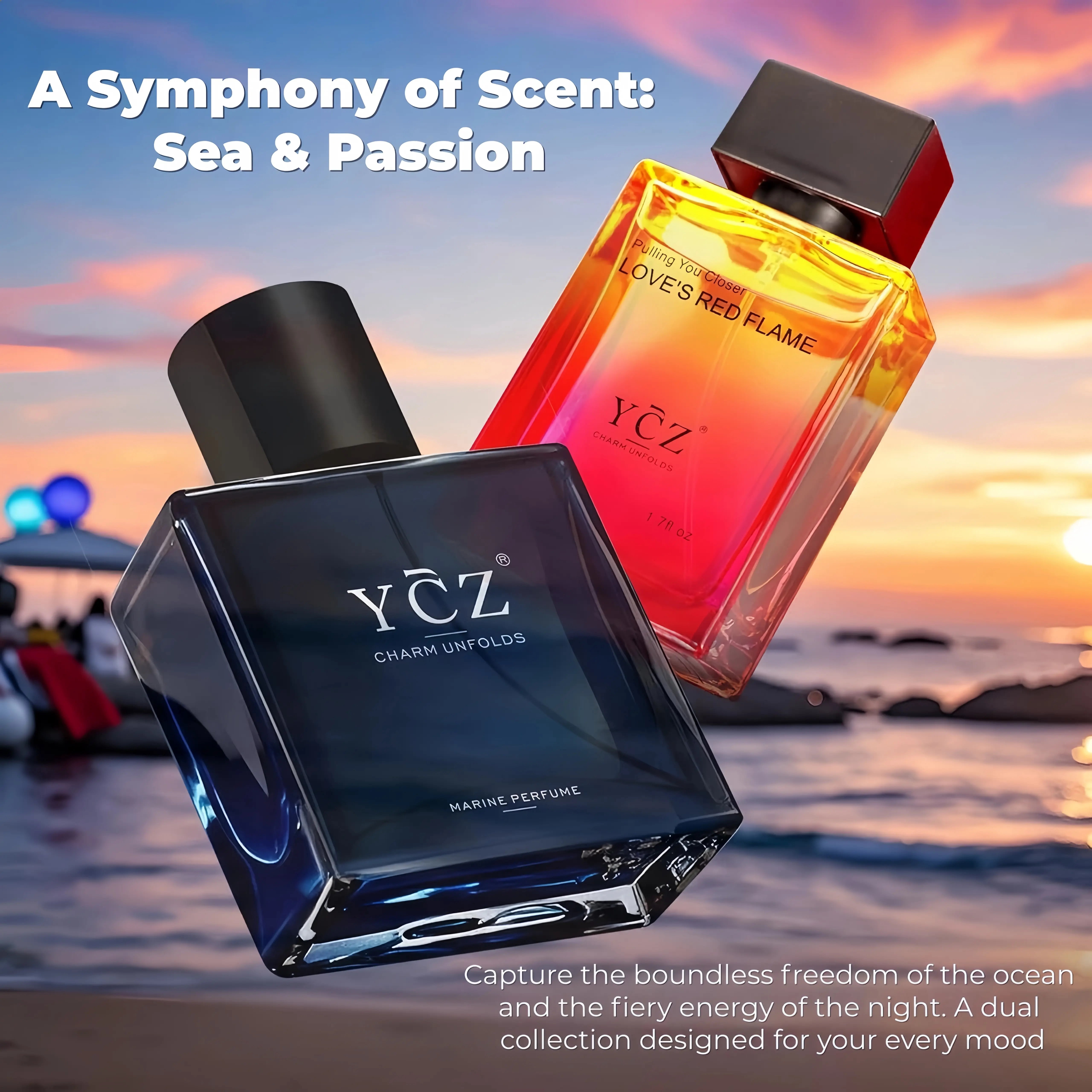 YCZ Men's Cologne Gift Set (2 Pack) - Marine Perfume & Love's Red Flame - Long Lasting Eau de Parfum - Fresh Aquatic & Spicy Wood Fragrance Bundle