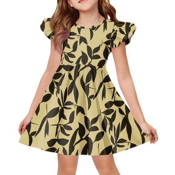 YOUYEDIAN Midi Dresses for Girls Teen Summer Flutter Sleeve A Line Dress Cute Print Crew Neck Princess Dress (Yellow, 13-14 Years)