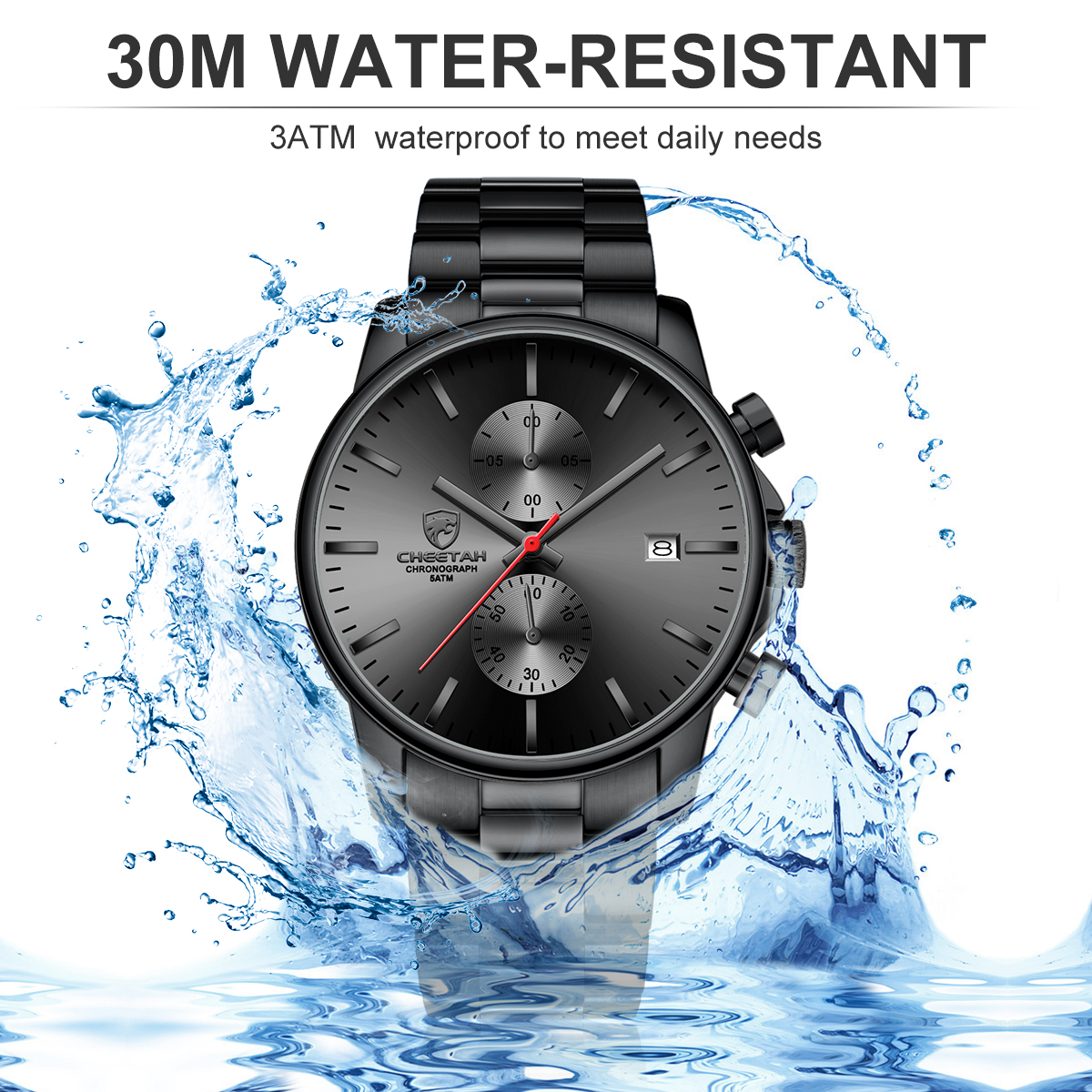 CHEETAH Fashion Business Mens Watches with Stainless Steel Waterproof Chronograph Quartz Watch for Men,Auto Date,Black&Red&Black