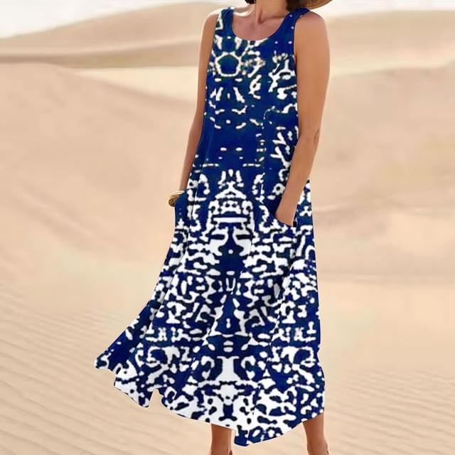 LOVZFMLL Robes Sans Manches pour Femmes et Col Rond en Lin Imprimé Longue Robe avec Poche